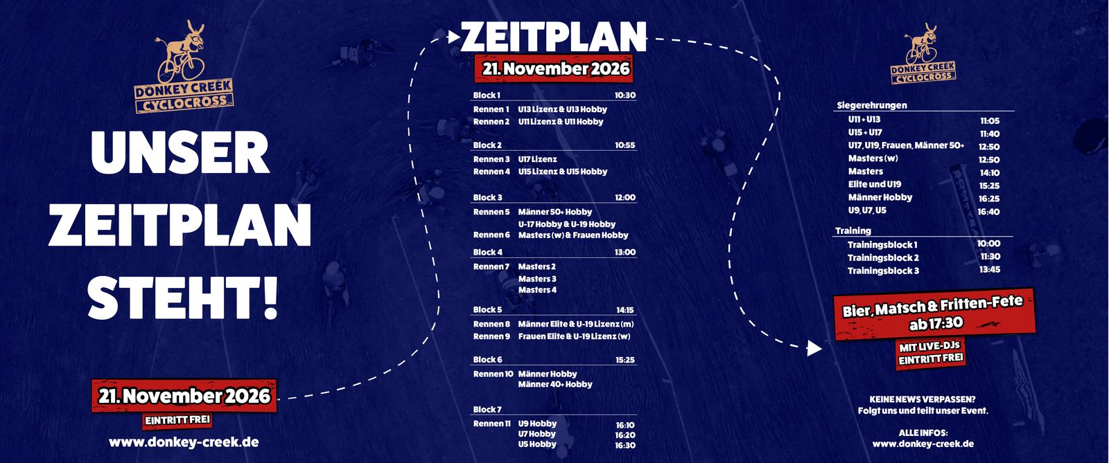 Zeitplan Donkey Creek Cyclocross 2026 am 21. November: Startzeiten aller Rennen, Trainingsblöcke und Siegerehrungen